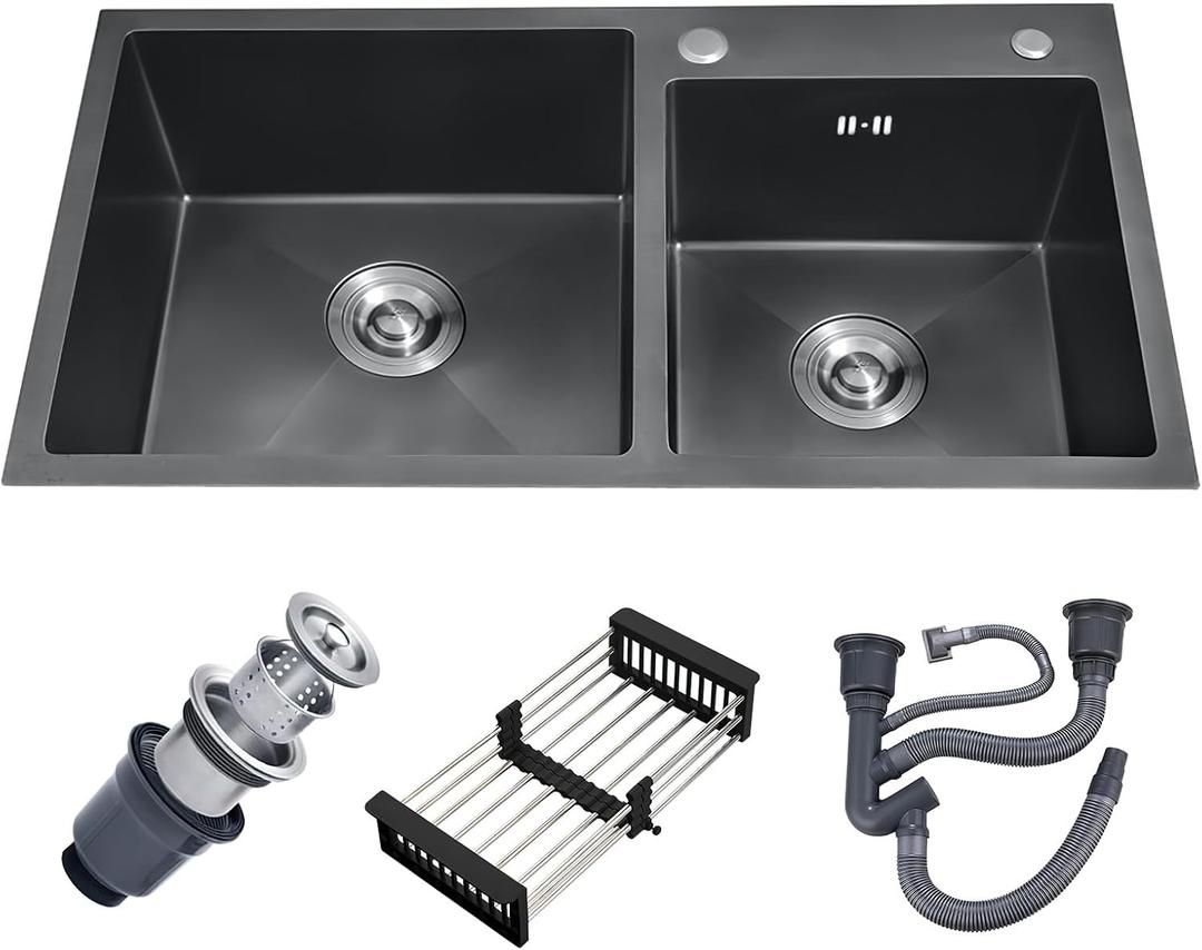 31" x 18" Black Double Bowl Kitchen Sink, Drop-in/Topmount 304 Stainless Steel Sink with Nano Coating & Accessories Set