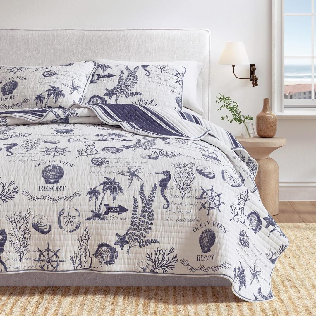 Great Bay Home Coastal Cotton Quilt Set - 3-Piece Full/Queen Size Nautical Bedding Set - Lightweight, All-Season, Reversible Bedspread (Seacoast Memories)