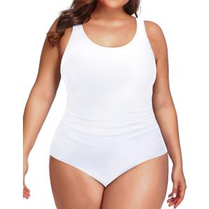 Daci Women Plus Size One Piece Swimsuit Athletic Tummy Control Ruched Bathing Suit with U-Back (White, XL)
