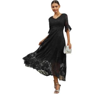 Ruffle Lace Dresses for Women Casual Flutter Sleeve Chiffon Maxi Dress Elegant Flowy Semi-Formal Dress Loose & Extra Long (Black,Xlarge)