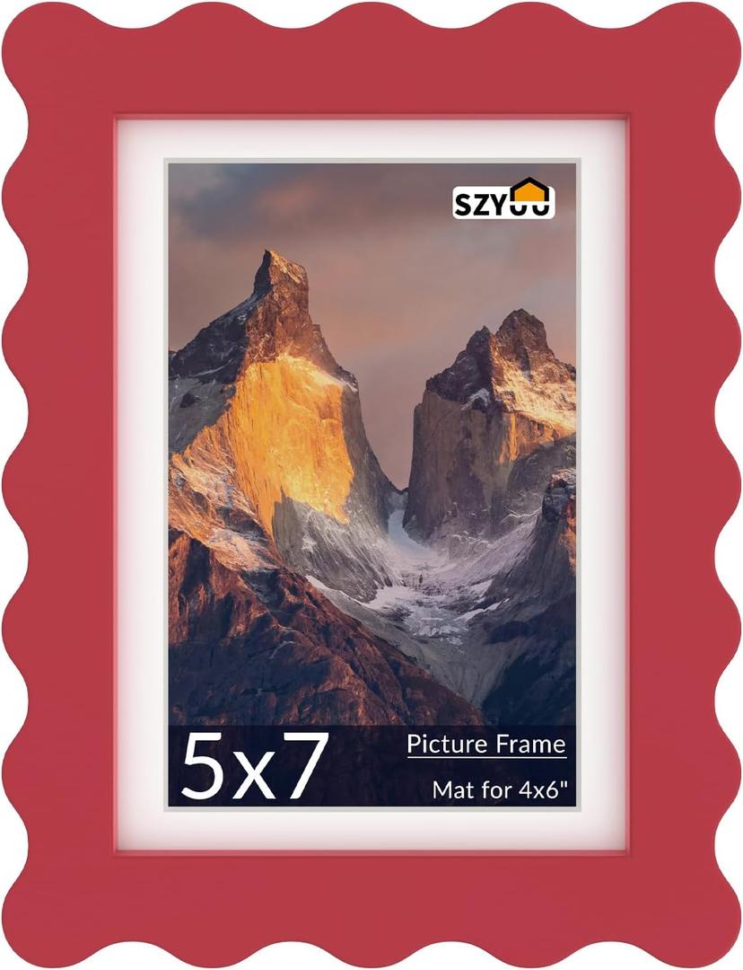 5x7 Wavy Picture Frame with Mat for 4x6, Real Glass and Wooden Frame - Tabletop or Wall Hanging Photo Frame(1 Pack, Red)