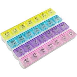 Weekly Pill Organizer - 4-Times-a-Day Pill Planner Pill Box Separates Pills & Vitamins with Daily Morning, Noon, Evening & Night Compartments, Travel Medication Reminder Monday to Sunday