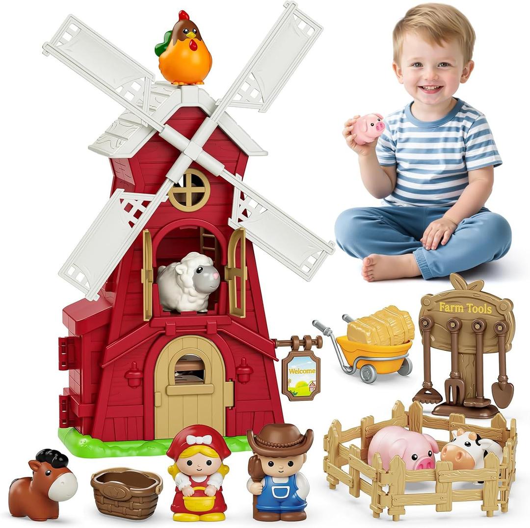 Toddler Toys for 1 2 3 Year Old, Farm Animals Windmill Barn Montessori Educational Toys, Farm Playset with Assorted Pretend Accessories, Christmas Birthday Gift for Baby Boys Girls 12-18 Month