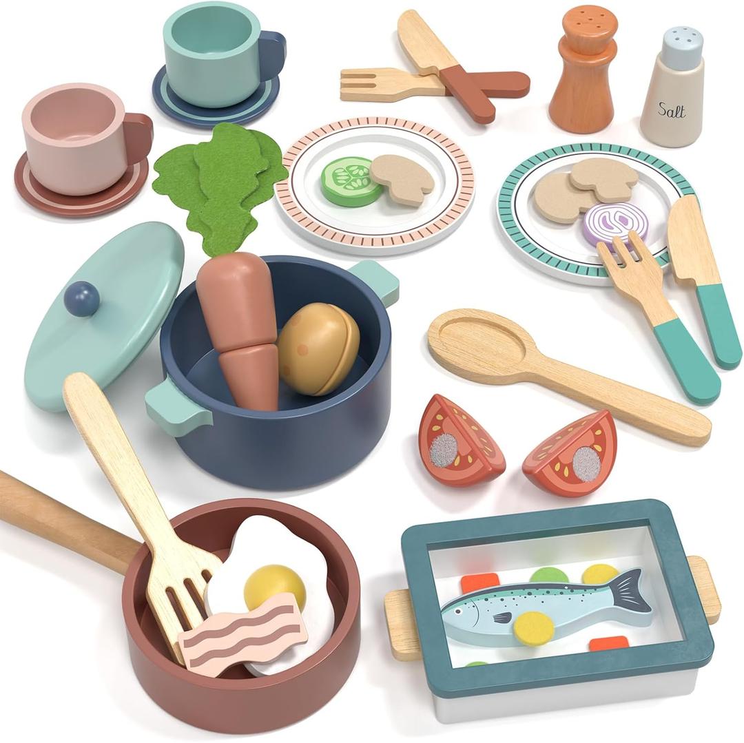 Lehoo Castle Wooden Play Kitchen Accessories, Play Pots and Pans Sets for Kids, Play Food Sets for Kids Kitchen, Montessori Food Toys for Toddlers 3-5, Gifts for Girls Boys
