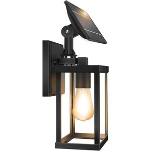 Solar Outdoor Wall Lights - Dusk to Dawn Exterior Waterproof Lanterns with E26 Socket & Glass Shade, Porch Sconces for Front Door Entryway (Black(1 Pack))