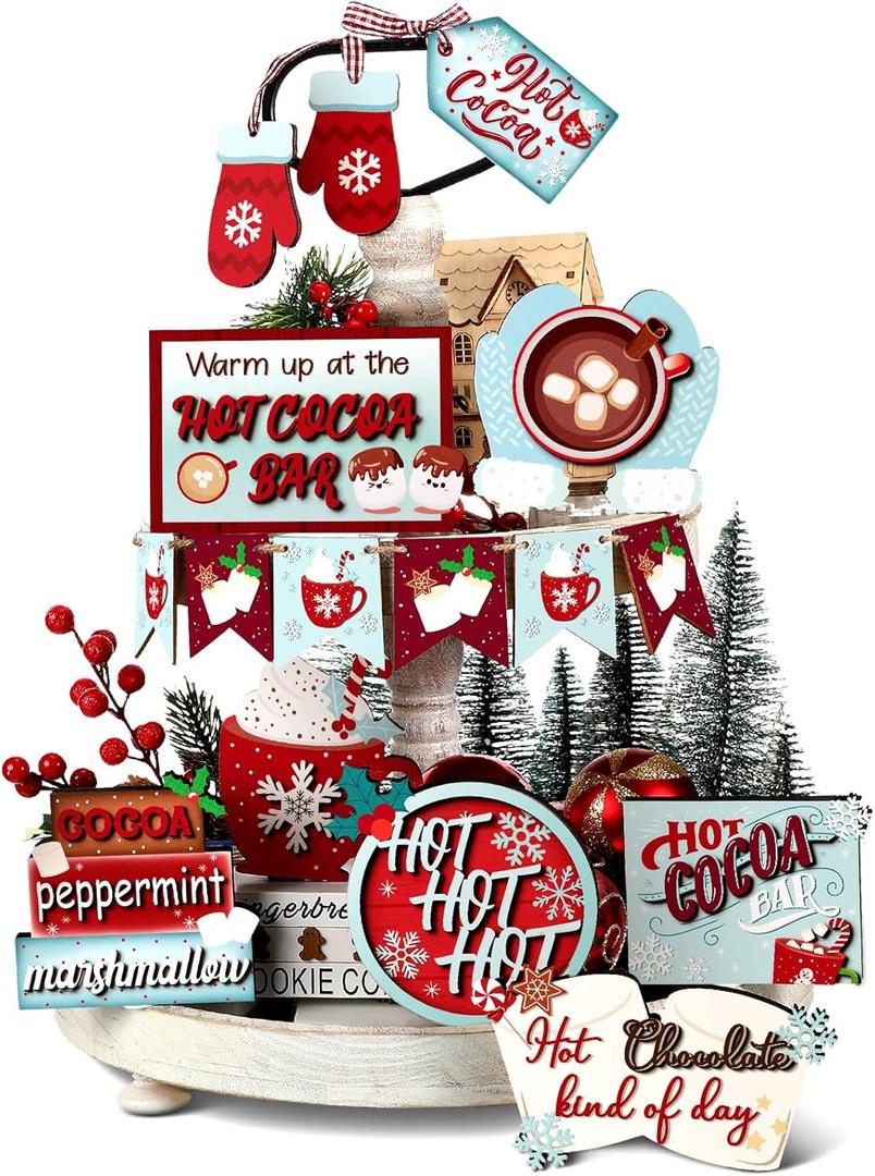 Kajaia 15 Pcs Christmas Tiered Tray Decor Winter Tiered Tray Decorations Set Snowman Snowflake Gingerbread Man Hot Cocoa Wooden Signs Farmhouse Christmas Table Decorations(Hot Cocoa)