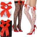 2 Pairs Women's Sexy Thigh High Stockings with Red Bowknots and Heart Valentine's Day Over Knee Black White Satin Socks Heart Tights Valentines Day Stockings for Women