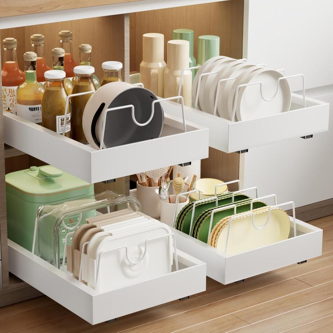 2 Pack Pull Out Cabinet Organizer with 8 Dividers,21.8" Deep Slide Out Drawers for Cabinets Adhesive Pull Out Drawers Heavy Duty Pull Out Shelves for Kitchen, Cupboard, Pantry, Bathroom-White