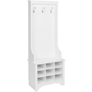 Prepac White Hall Tree, Shoe Cabinet, Storage Cabinet with 9 Shoe Cubbies and 3 Double Coat Hooks 15.5" D x 27" W x 68" H