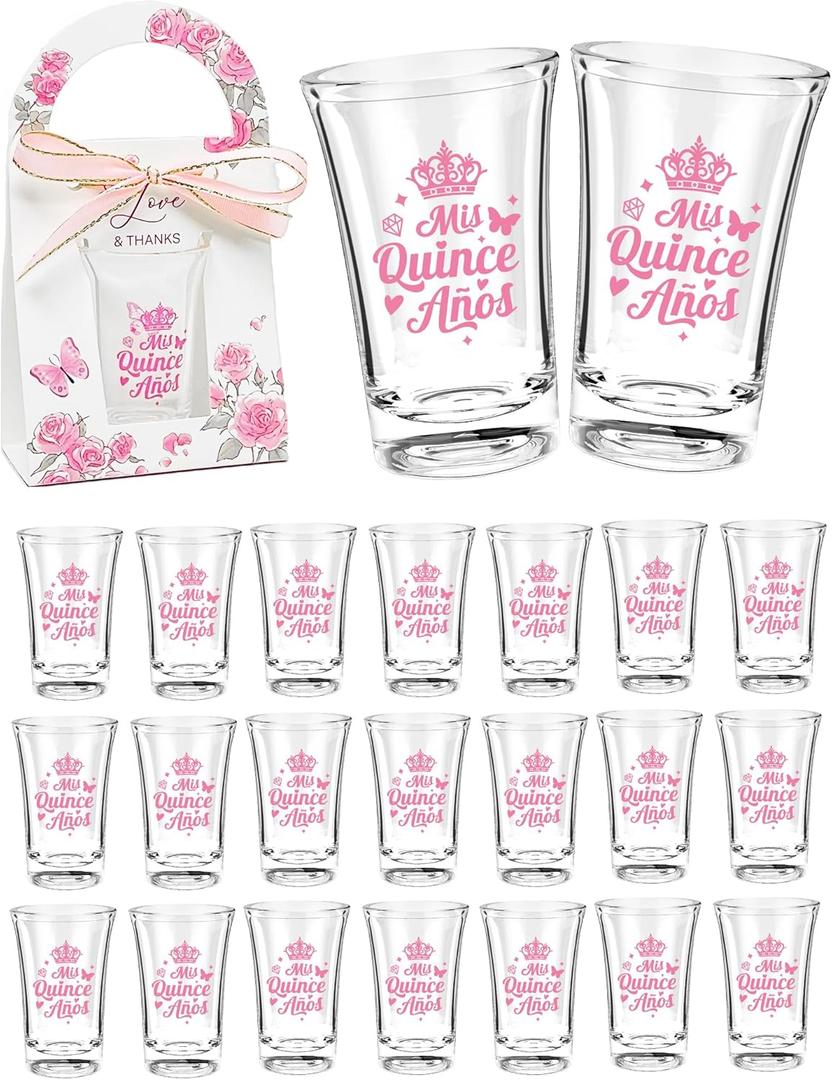 Quinceanera Party Favors for Guests-25 Sets 1.18oz Quinceanera Acrylic Clear Shot Glasses Bulk With Gifts Boxes Mis Quince Anos Quinceanera Sweet 15 Birthday Party Favors-Pink
