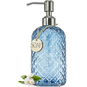 JASAI 18Oz Gem Patterned Glass Soap Dispenser for Kitchen, Refillable Hand soap Dispenser with Rust Proof Stainless Steel Pump, Clear Soap Dispenser Bathroom for Dish Soap, Hand soap, Lotion(Blue)