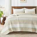 Andency King Size Quilt Set Beige, 3 Pieces Beige Ultra Soft Lightweight Bedspreads & Coverlets Set, Patchwork Striped Quilted Bedding Sets for All Seasons (1 Quilt, 2 Pillow Shams)