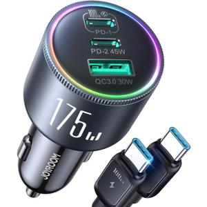 JOYROOM 175W Super Fast Car Charger USB C, 3-Port PD100W+45W+USB30W Type C Car Phone Charger with USBC Cable, Fast Charging Adapter for iPhone 17/16/15 Pro Max, Samsung Galaxy S25 S24, iPad, Laptop