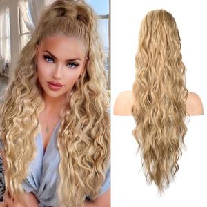 HOOJIH Ponytail Extension, Drawstring Ponytail Hair Extensions 26 Inch Long Curly Wavy Ponytail Natural Wavy Synthetic Hairpiece for Women Daily Use - Golden Blonde