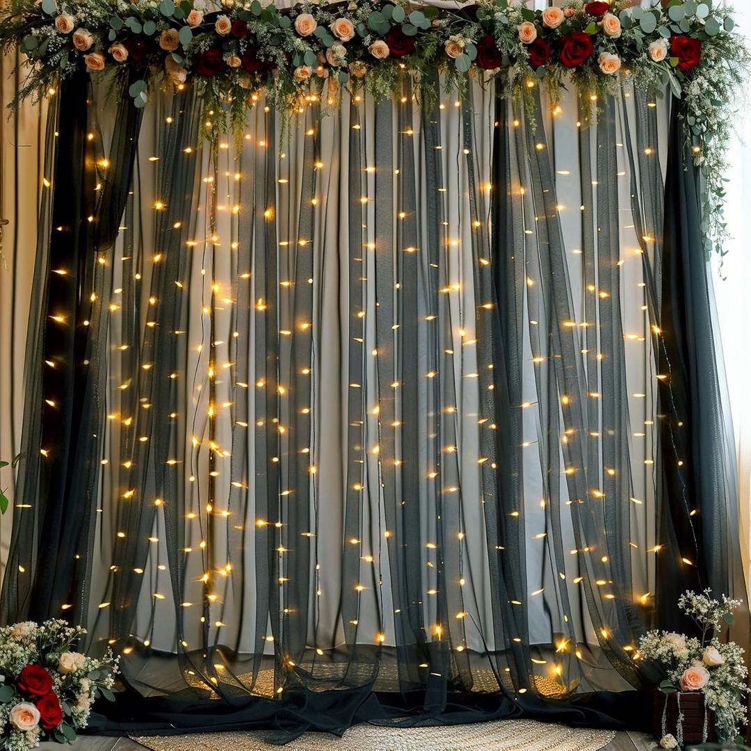 Black Sheer Backdrop Curtains with Lights String for Parties Birthday 10ft  8ft Black Tulle Backdrop Curtain for Baby Shower Wedding Graduation Halloween Party Photo Shoot Decorations