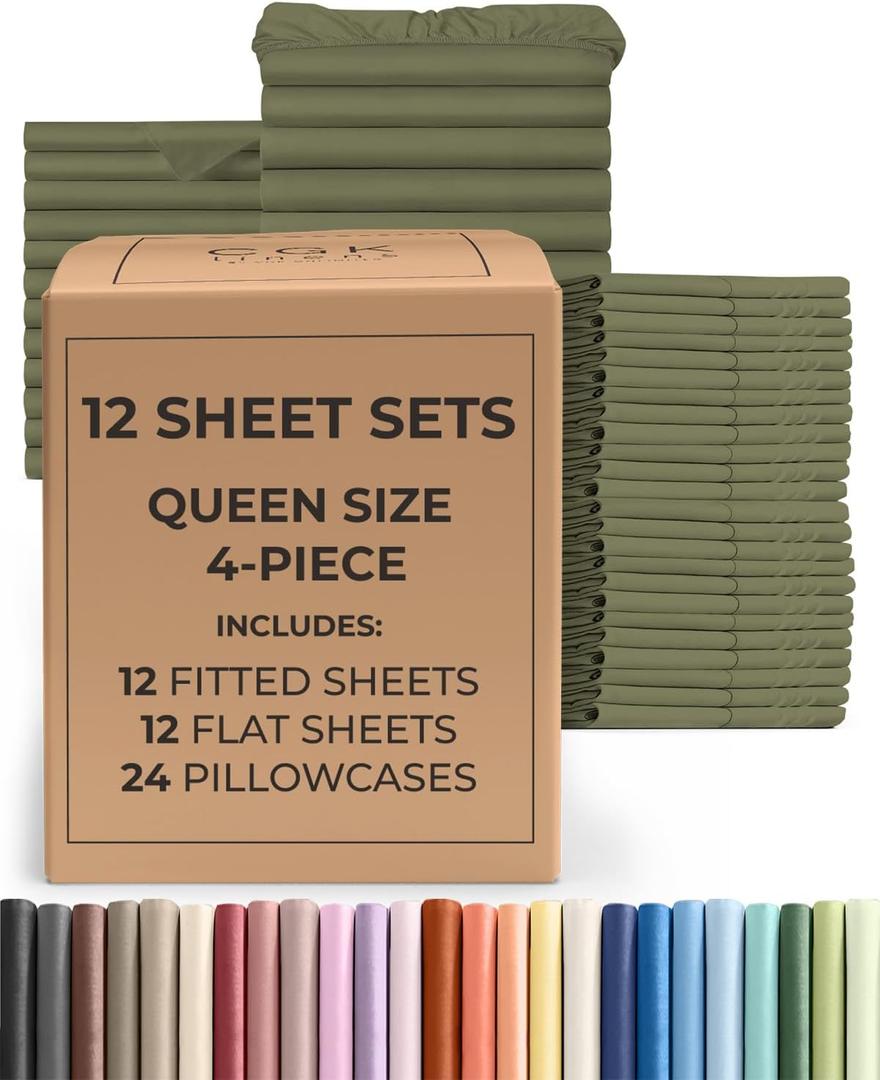 Bulk Case Pack of 12 Sheet Sets - (12) Complete Queen Size Sheet Sets with Deep Pockets - Wholesale Bulk Bedding for Hotels, Spas & Airbnbs - Breathable, Cooling & Wrinkle Free - (Queen, Sage Green)