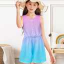 Girls Sleeveless Romper Jumpsuits Summer Crew Neck Short Romper with Pockets One Piece Clothes for Girl 7-12 Years (9-10 Years, Pink-blue)