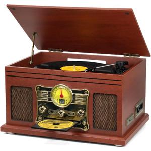 FEKTIK Bluetooth Record Player 10 in 1, 3-Speed Turntable for Vinyl with Speakers, LP to MP3 Converter, CD, Cassette Player, FM Radio, Wireless Streaming | Mahogany