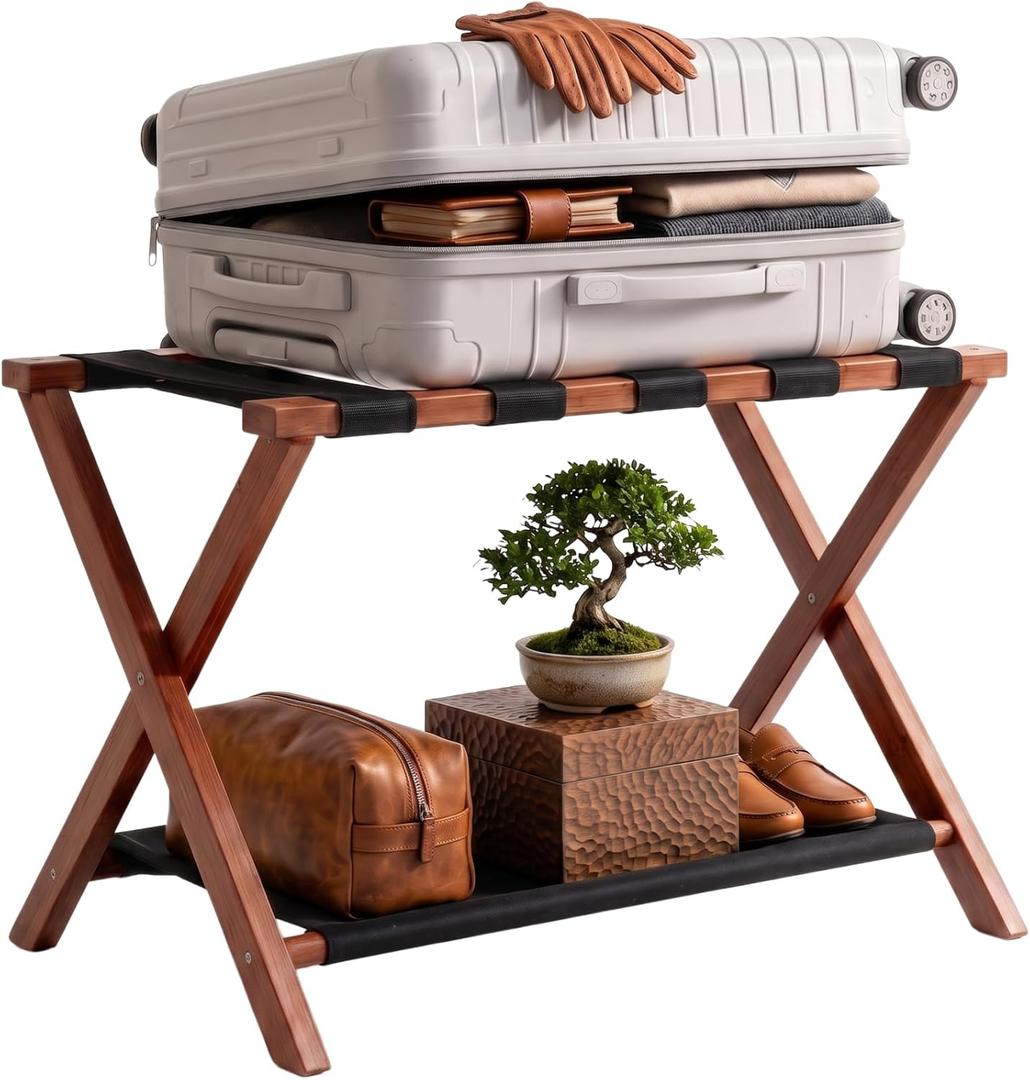 Luggage Rack, Fully Assembled Bamboo Foldable Suitcase Stand for Guest Room, 26.7-Inch Luggage Holder with Storage Shelf & 5 Nylon Straps, for Bedroom and Hote (1 Pack - Brown)
