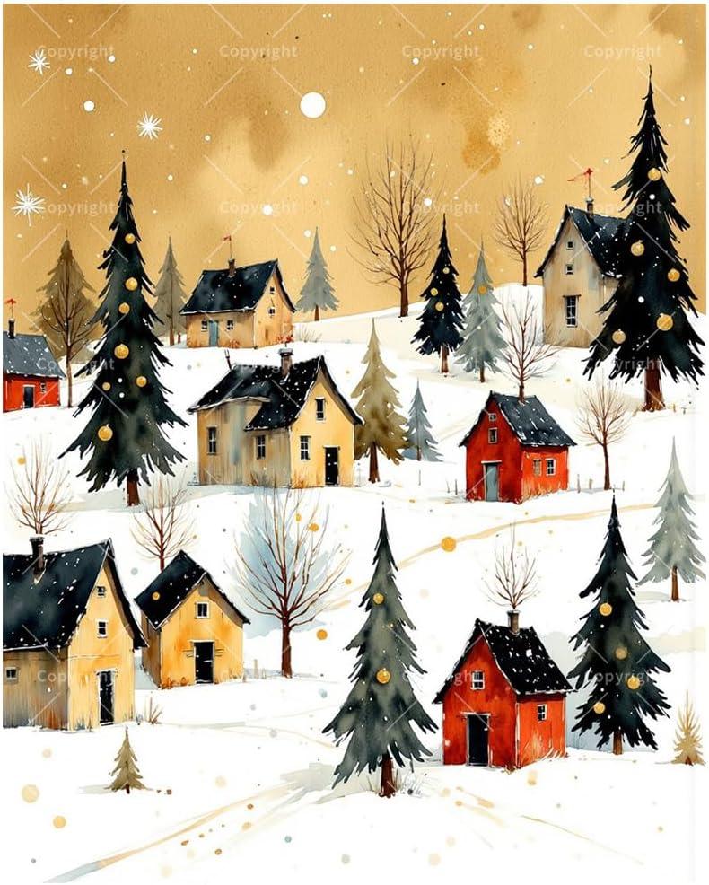 Holiday Village Paint by Numbers Kit for Adults - DIY Snowy Hills and Colorful Houses Painting on Canvas, Acrylic Paint Set, Suitable for Beginners, Art for Home Decoration or Gifts(8X12IN Framed)