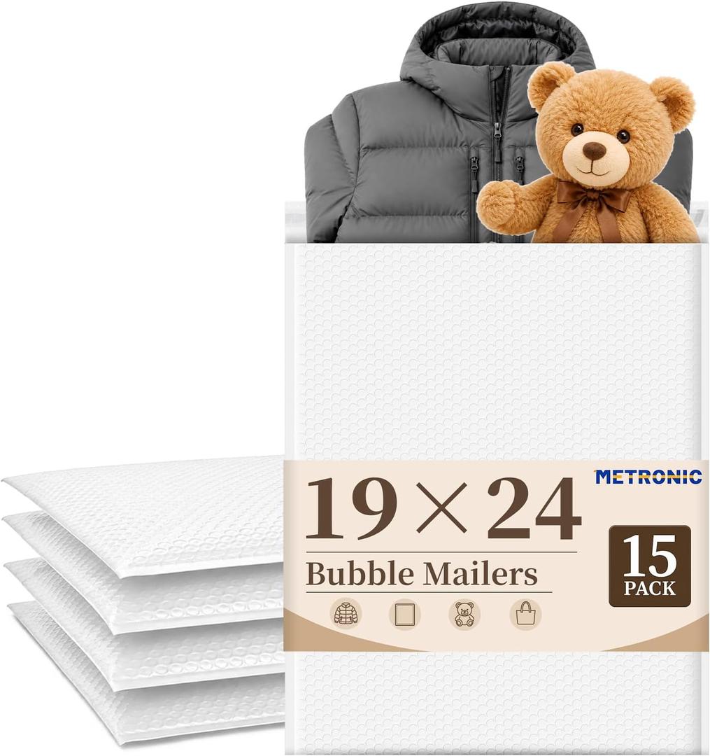 Metronic Large Bubble Mailers 19x24 Inch 15 Pack White Padded Envelopes, 19x24" 15PC