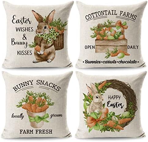 JOJOGOGO Bunny Easter Throw Pillow Covers 18x18 Set of 4 Carrot Easter Decorations Farmhouse Spring Pillow Covers Home Decor for Couch Sofa Porch
