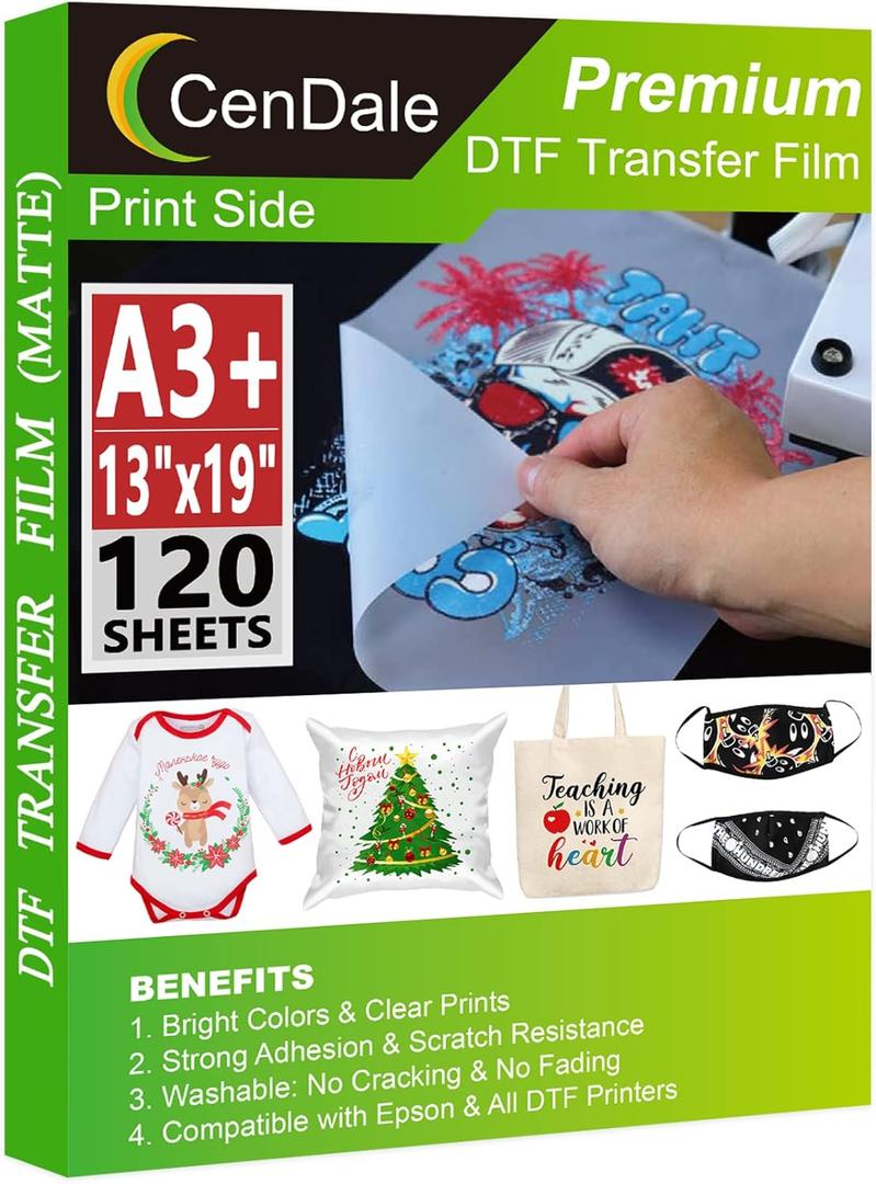 CenDale DTF Transfer Film A3+ 13"x19" - 120 Sheets Double-Sided Matte DTF Film for Sublimation Hack, Direct to Film Printing on All Fabric and Colors T-Shirts Textile, Hot & Cold Peel DTF Paper