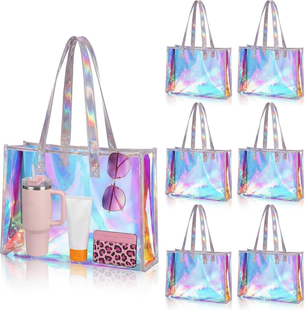 Aliceset 6 Pcs Iridescent Tote Bags with Handle Bachelorette Party Favors 15x11x4.3'' Bridesmaid Holographic Bags for Travel (Colorl)