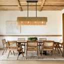 38 Inch Boho Rattan Chandelier, 4-Light Rectangle Dining Room Light Fixture, 2 Layer Large Linear Chandelier with Woven Rattan Shade for Dining Room Kitchen Island Living Room