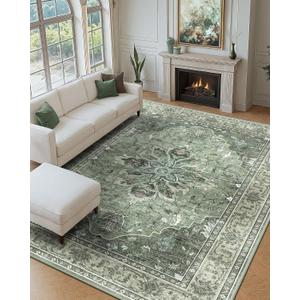 Area Rugs 9'x12' Washable Non-Slip, Floral Vintage Distress Print Pattern Medallion Carpet for Living Room Bedroom Dining Room, Dark Green Gray
