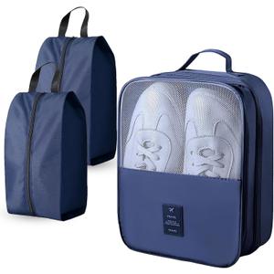 Shoe Bags for Travel Holds 3 Pair of Shoes, Travel Shoe Bag with 3 Layers Compartments, Waterproof & Washable, Navy