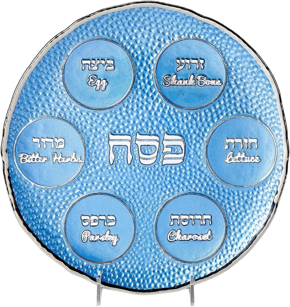 Rite Lite Blue Pebble Glass Seder Plate  Elegant Round Passover Plate with Silver Accents, Hebrew & English Labels, 12" Handcrafted Dish for Table Decor & Pesach Holiday Gift