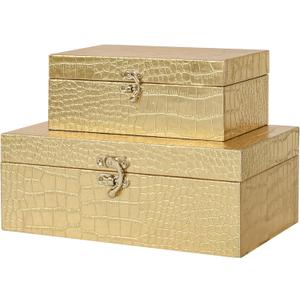 Set of 2 Wooden Decorative Nesting Storage Boxes, Gold Crocodile Leather with Clasp for Home Kitchen Living Room, Ideal Gift for Wedding Memories Jewelry Trinket