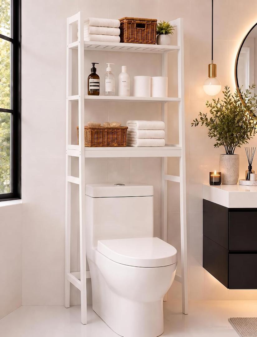 BAMBANG Over The Toilet Storage Rack, 3-Tier Over The Toilet Storage Shelf with 3 Hooks, Freestanding Above Toilet Bathroom Organizer Shelves for Space Saver Storage, Bamboo White