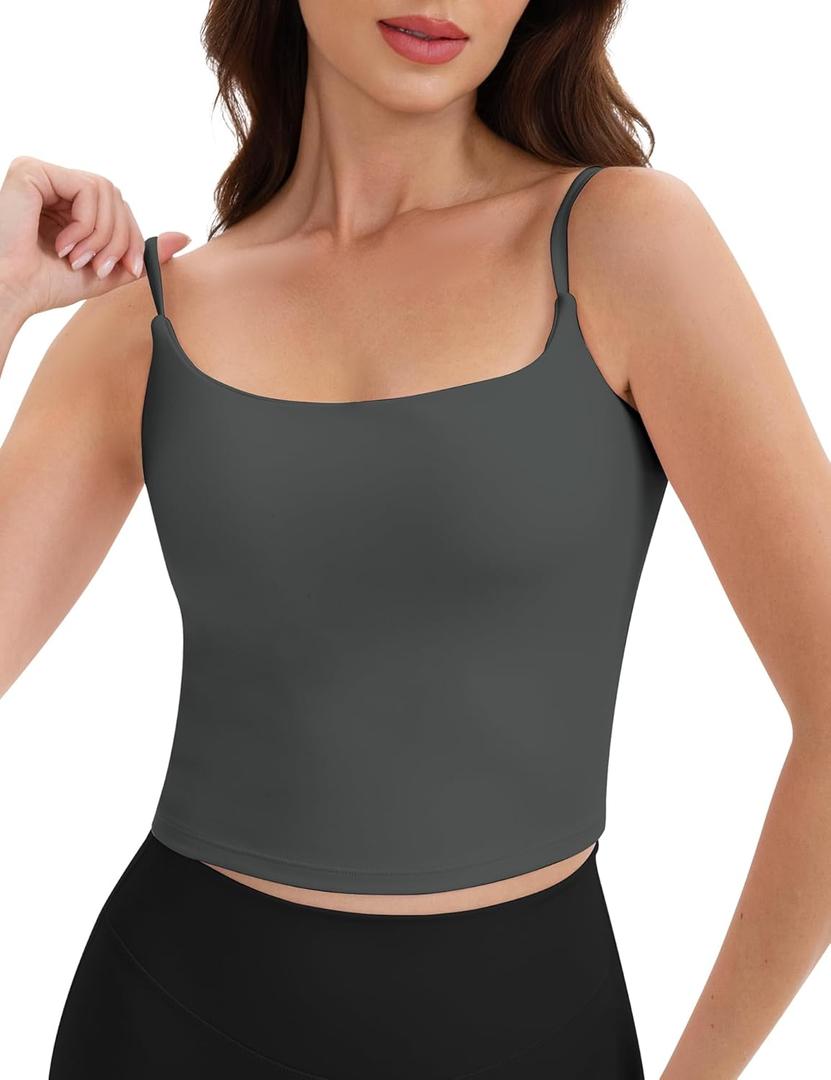 GUWIDEO Spaghetti Strap Workout Tank Tops for Women Scoop Neck Women Sports Bras Yoga Camisole Strappy Tank Tops Built in Bra (XL)