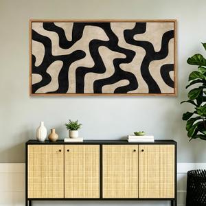 60"x30" Extra Large Framed Canvas Wall Art, Abstract Black and Brown Painting Grometric Lines Fine Art Prints for Living Room Bedroom Natural Frame