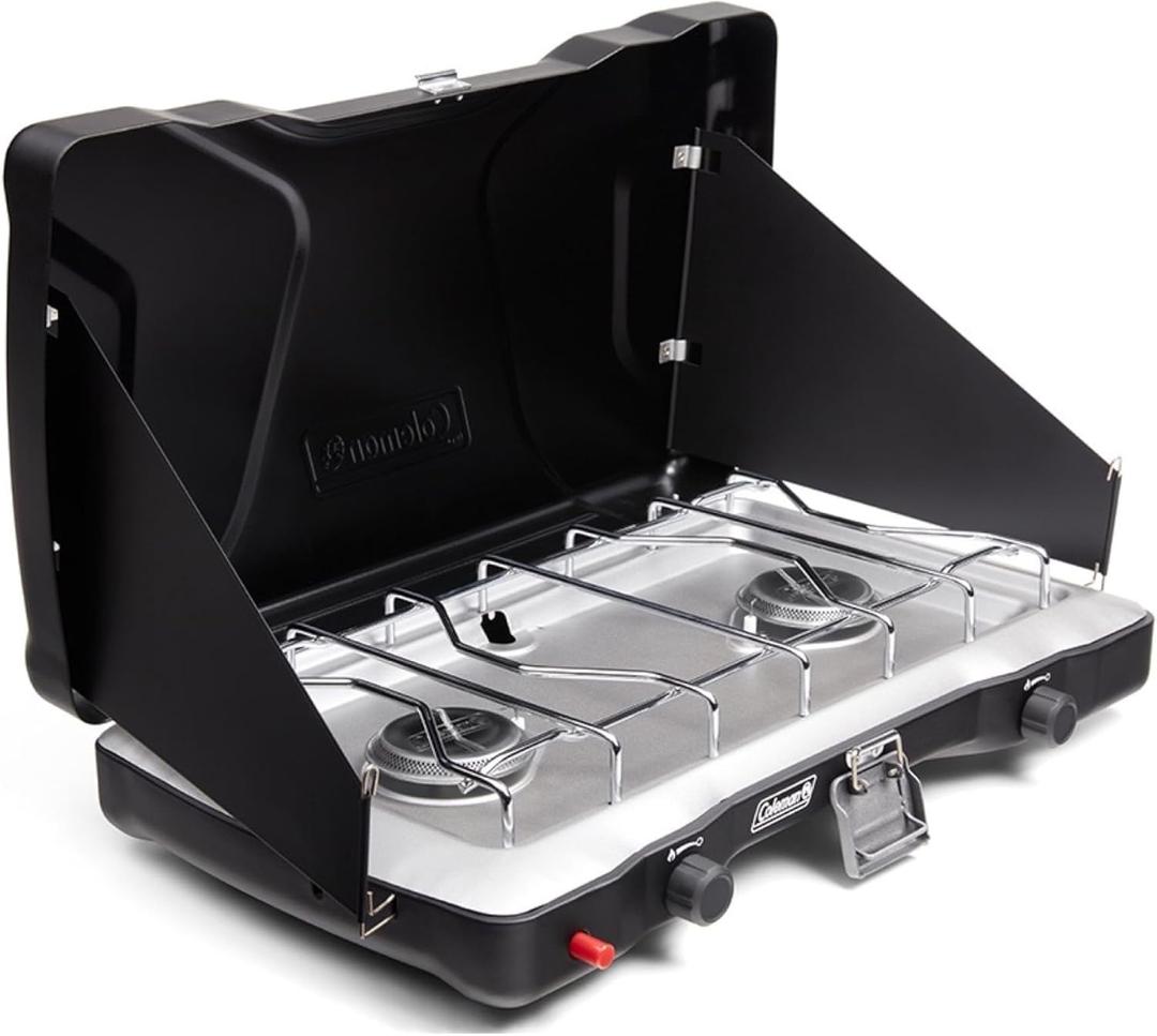 Coleman Triton+ 2-Burner Propane Camping Stove with InstaStart Ignition, Portable Camping Cooktop with 2 Adjustable Burners & Wind Guards, 22,000 BTUs of Power for Camping, Tailgating, Grilling