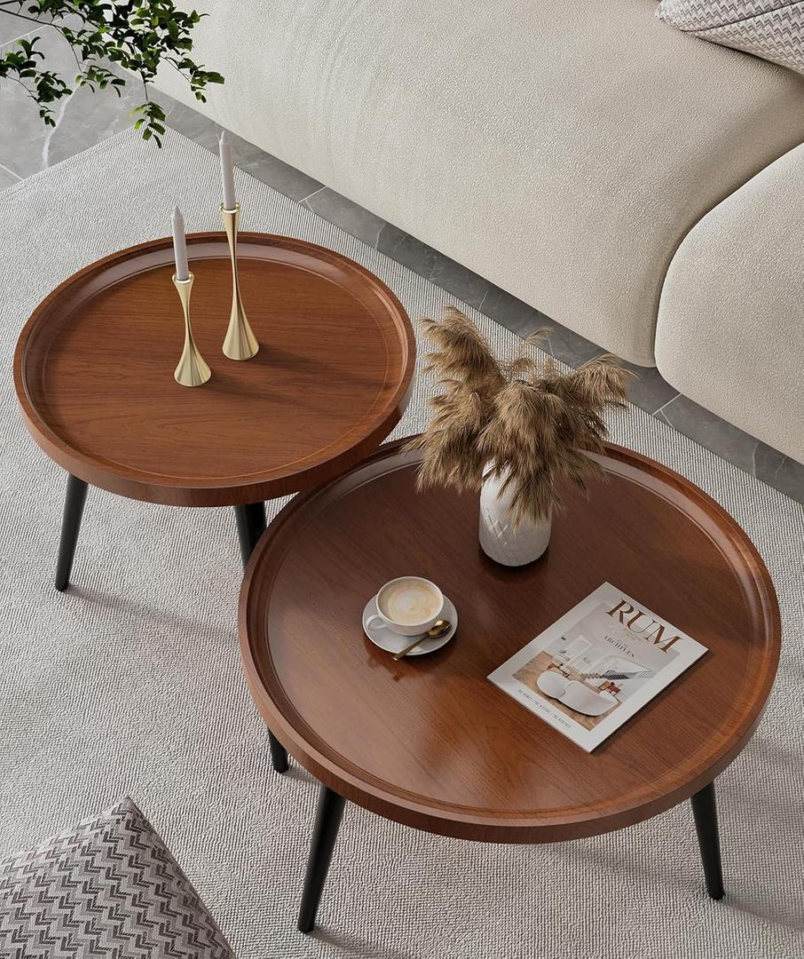 2-Piece Mid Century Walnut Coffee Table Round for Living Room,Easy Assembly Modern Nesting Coffee Tables Set,Small Circle Coffee Side Tables for Sofa Bedside Office Balcony
