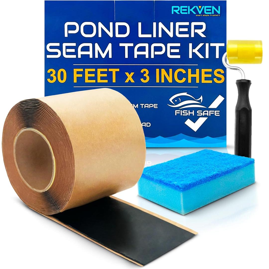 Pond Liner Seam Tape Kit - 30 Feet x 3 Inch - Double Sided Butyl Tape - Bond Seal or Repair EPDM PVC HDPE LDPE RPE LLDPE - Perfect for Small or Large Fish and Koi Ponds (Kit - Roller & Sponge)