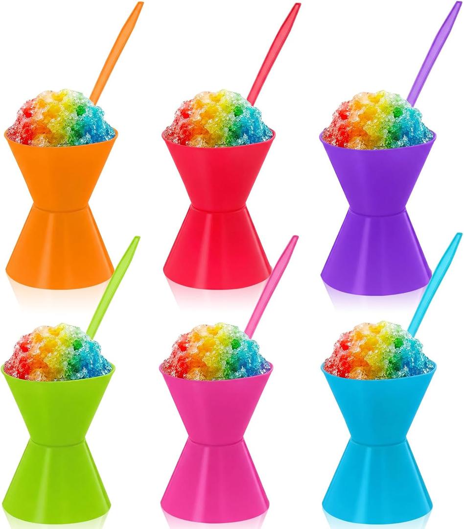 6 Pack 6oz Reusable Silicone Snow Cone Cup Set Leakproof Cups & Spoon with Holders for Summer Cookout Party Kid Friendly, for Slushies Shaved Ice & Ice Cream(Rainbow)
