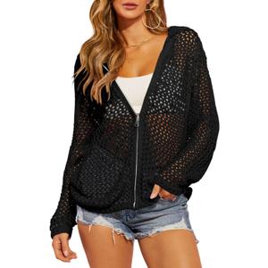 Saodimallsu Womens Crochet Lightweight Cardigans Zip Up Hooded Long Sleeve Knit Sweaters Mesh Beach Swim Cover Up (Black, M)