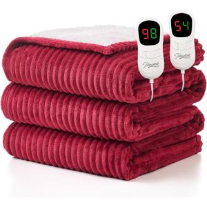Homemate Electric Heated Blanket Queen Size - 84"x90" Heating Blanket Queen Size Dual Control 1/2/4/6/8 Hours Auto-Off 10 Heat Level Over-Heat Protection Soft Flannel Sherpa ETL Certification (Red (Striped))