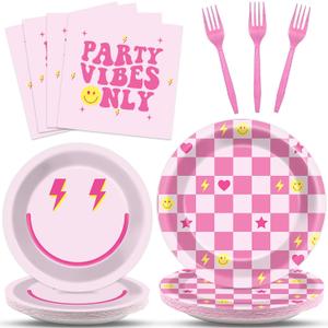 200Pcs Preppy Party Supplies Pink Smile Face Paper Plates Napkins Preppy Smile Face Party Tableware Set Dinnerware for Birthday Bachelor Baby Shower Decoration Serve 50