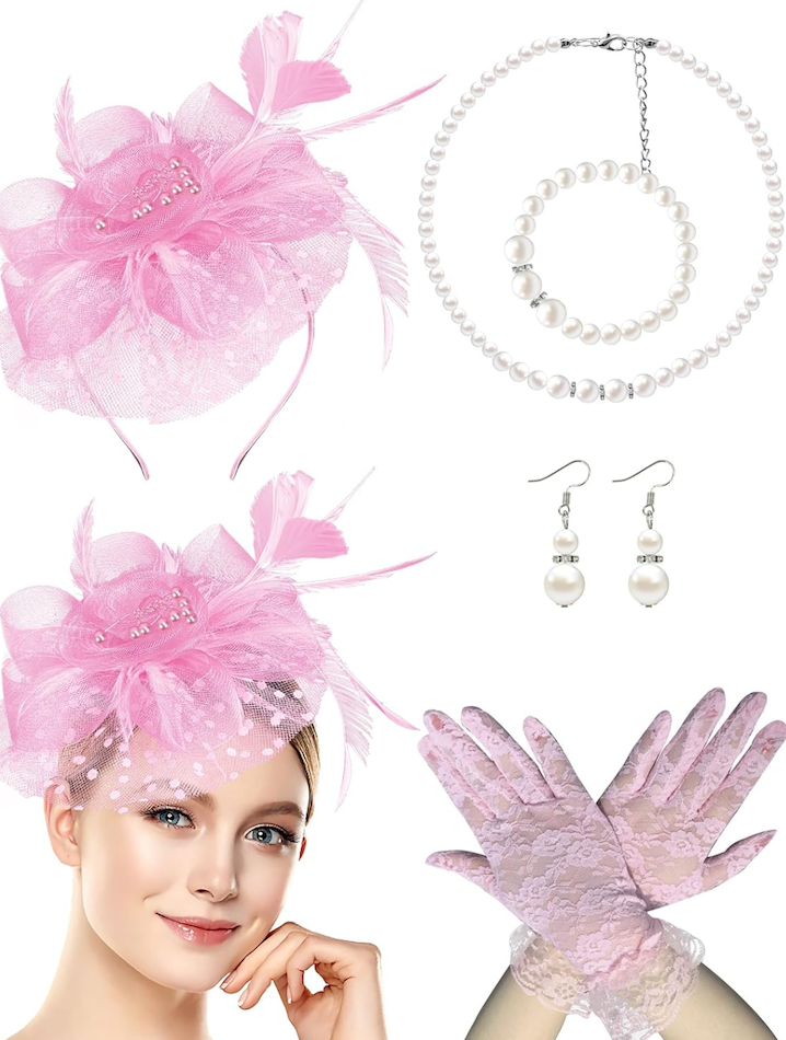 1920s Vintage Fascinators Hat Set for Women Tea Party Hats Veil Mesh Feather Headband Lace Gloves Set