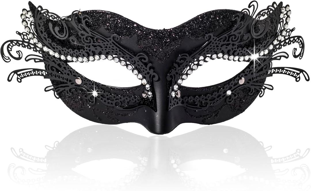 BCARICH 2025 New Masquerade Mask for Women, Metal Filigree Venetian Mask with Sparkle Rhinestone for Mardi Gras (Black)