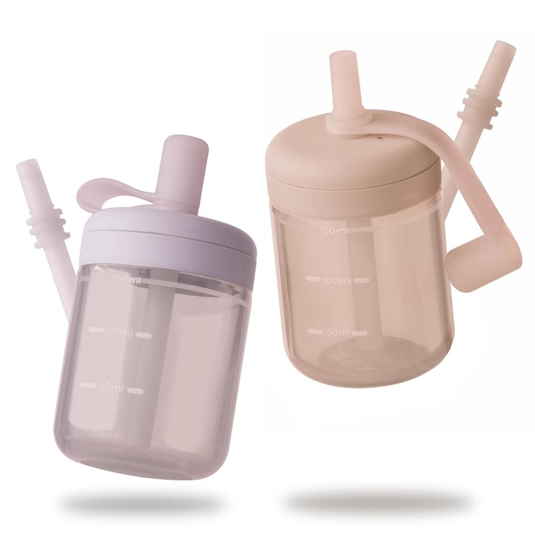 Moonkie Baby Straw cup | Silicone Toddler Sippy Cup Training Cup with Straw Lid | BPA-Free Drop-Proof Cup | Baby Led Weaning | 6 Months+, 5 oz, 2pack (B-Soft Lilac/BLush)