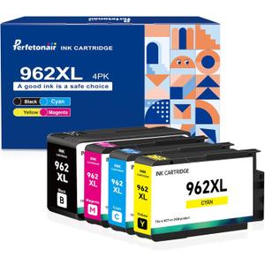 Perfetonair 962XL Ink Cartridges Replacement for HP 962XL Ink Cartridges Combo Pack for HP officejet pro 9015e 9010 9015 9018e 9020 9025e 9025 Series Printer（Black, Cyan, Magenta, Yellow）