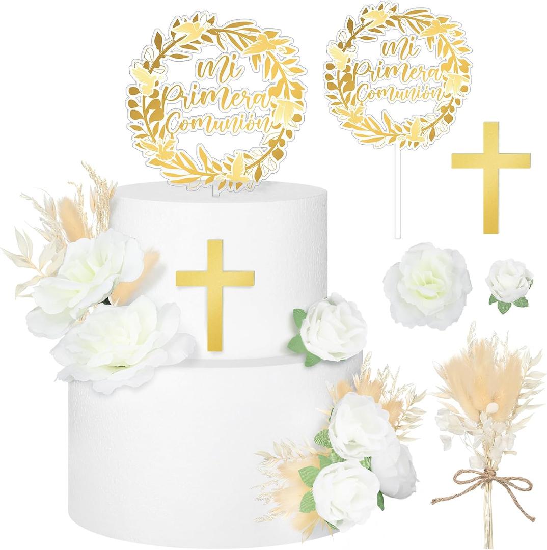 9 Pcs Mi Primera Comunion Cake Topper Gold Cross and Dried Flower Decor Set First Holy Communion Baptism Cake Pick Religious God Bless Baptism Cake Decoration for Celebration Milestones Decor