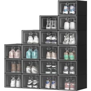 YITAHOME 18 Pack Shoe Storage Boxes Fit up to US Size 13, Stackable Plastic Shoe Organizer Box, Space Saving Sneaker Containers for Bedroom, Entryway, Closet (Black, Medium)