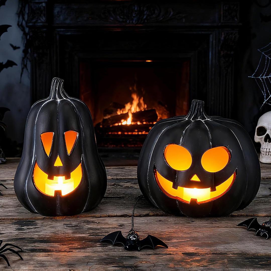 Tioncy 2 Pack Terracotta Pumpkin Decoration Handmade Brown Clay Pumpkin Jack-o-Lantern Halloween Tealight Holder Rustic Farmhouse Fall Home Decor for Table Porch Mantel Indoor Centerpieces (Black)